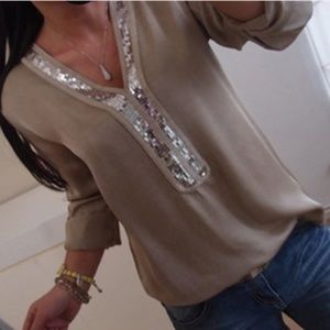 Tan Long Sleeve Bling Blouse